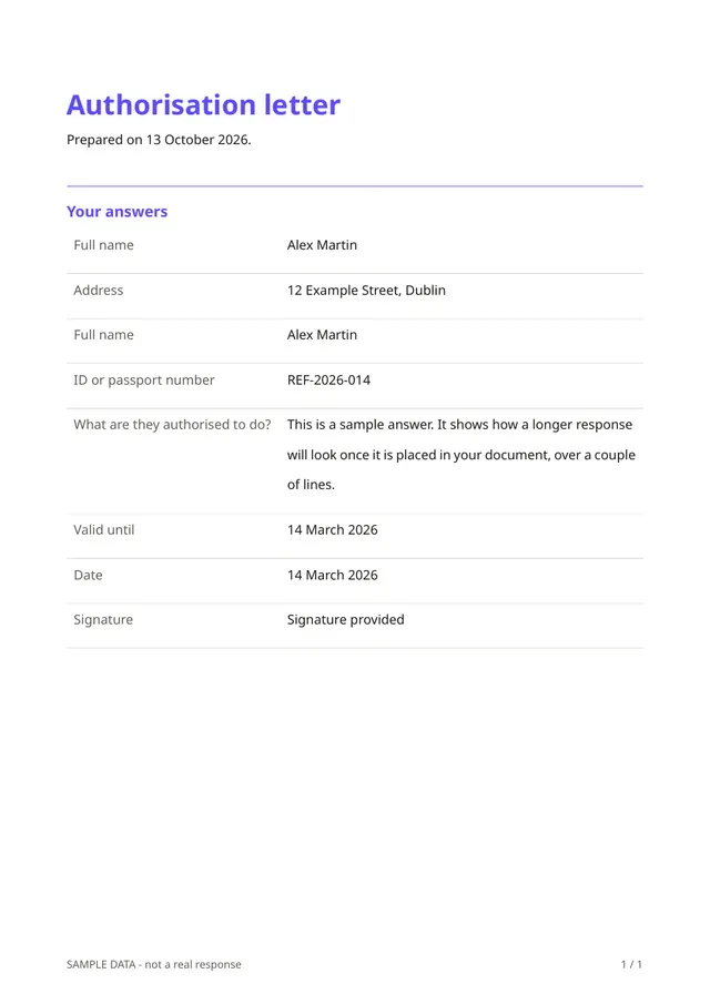 First page of the sample PDF made by the Authorisation letter template