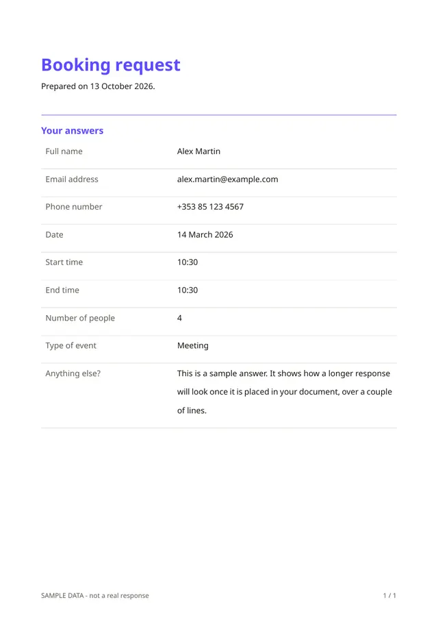 First page of the sample PDF made by the Booking request template