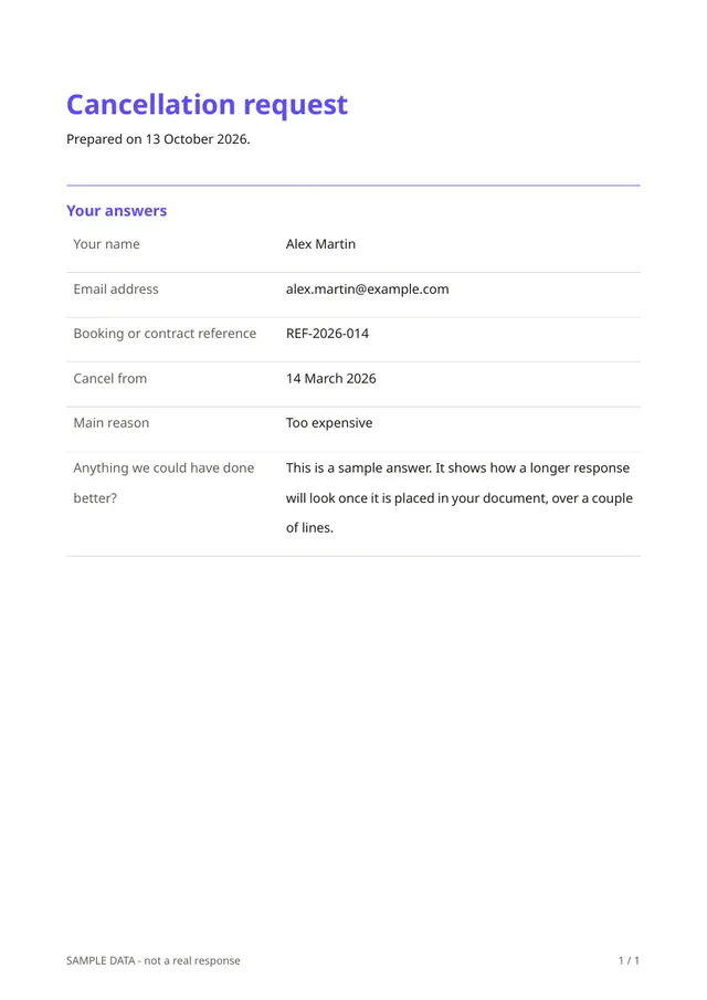 First page of the sample PDF made by the Cancellation request template