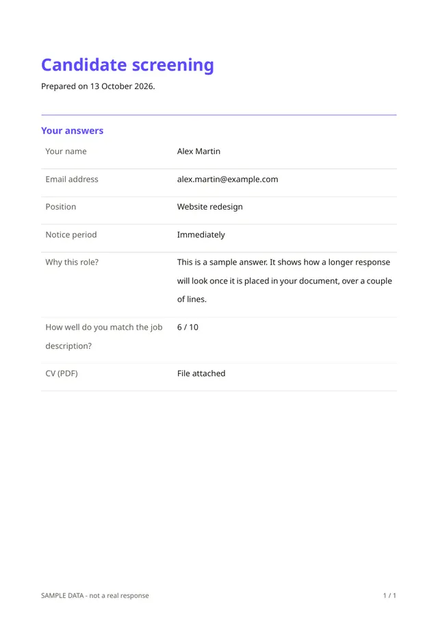 First page of the sample PDF made by the Candidate screening template