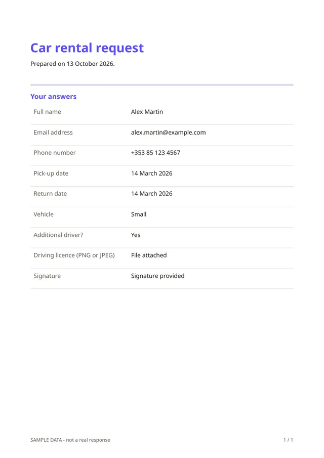 First page of the sample PDF made by the Car rental request template