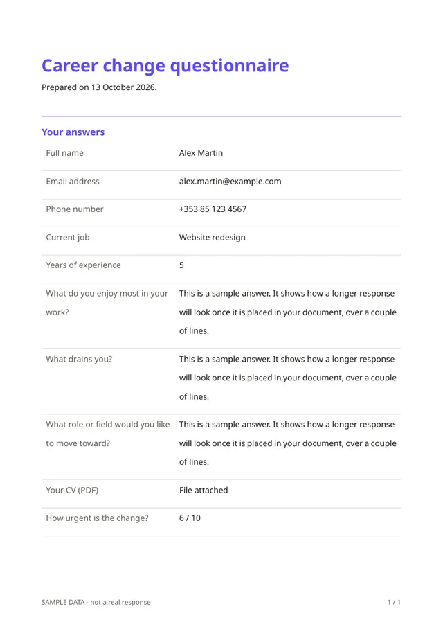 First page of the sample PDF made by the Career change questionnaire template