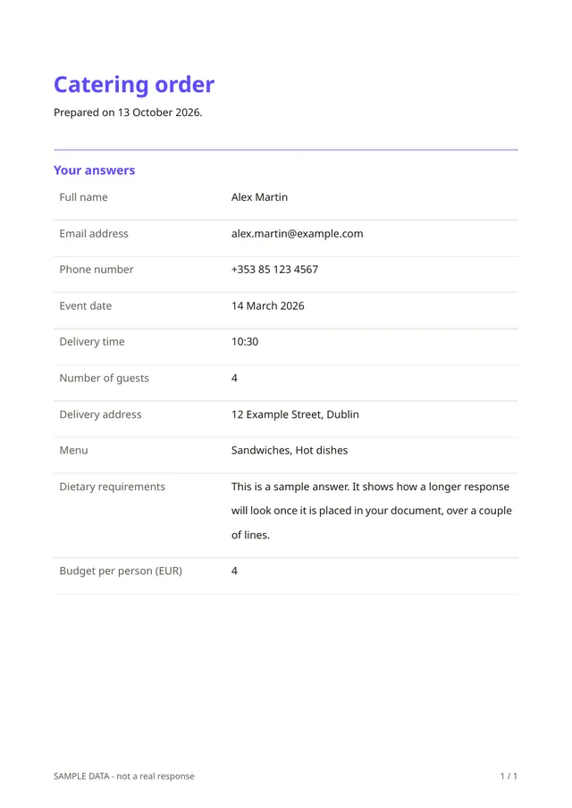 First page of the sample PDF made by the Catering order template