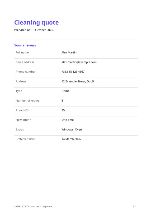 First page of the sample PDF made by the Cleaning quote template