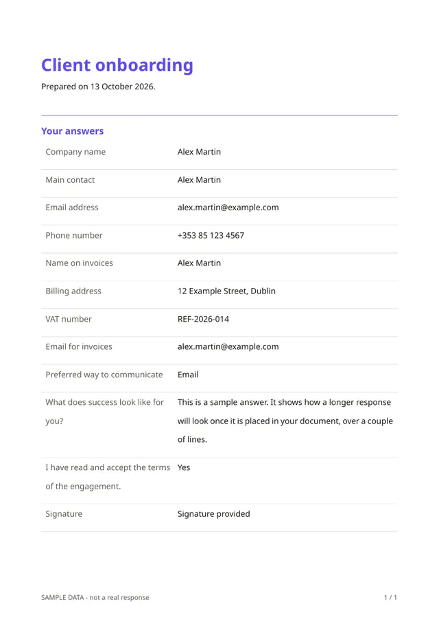 Sample PDF of the Client onboarding template