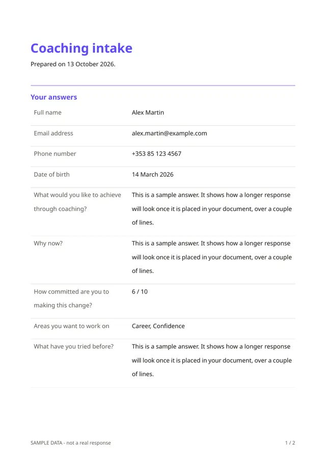 Sample PDF of the Coaching intake template