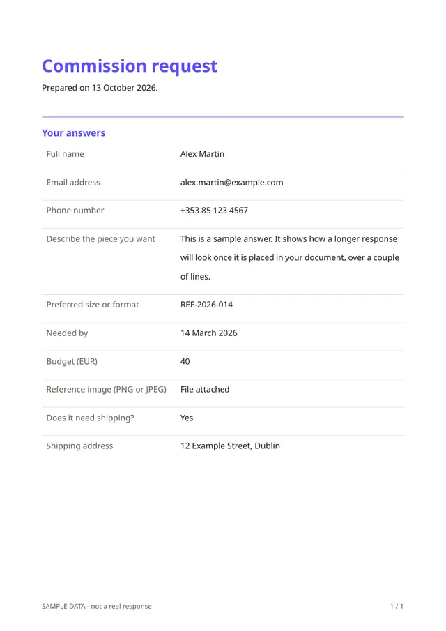 First page of the sample PDF made by the Commission request template