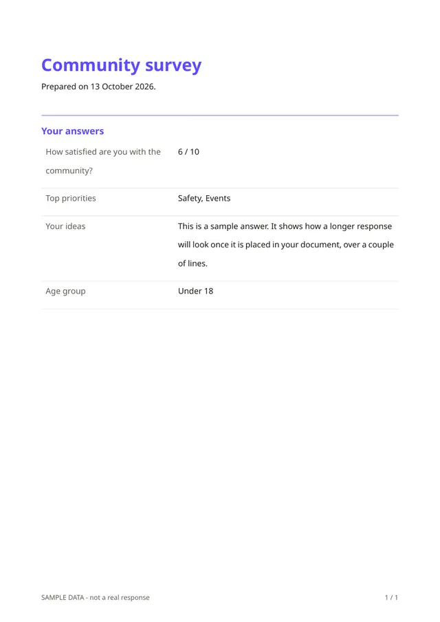 First page of the sample PDF made by the Community survey template