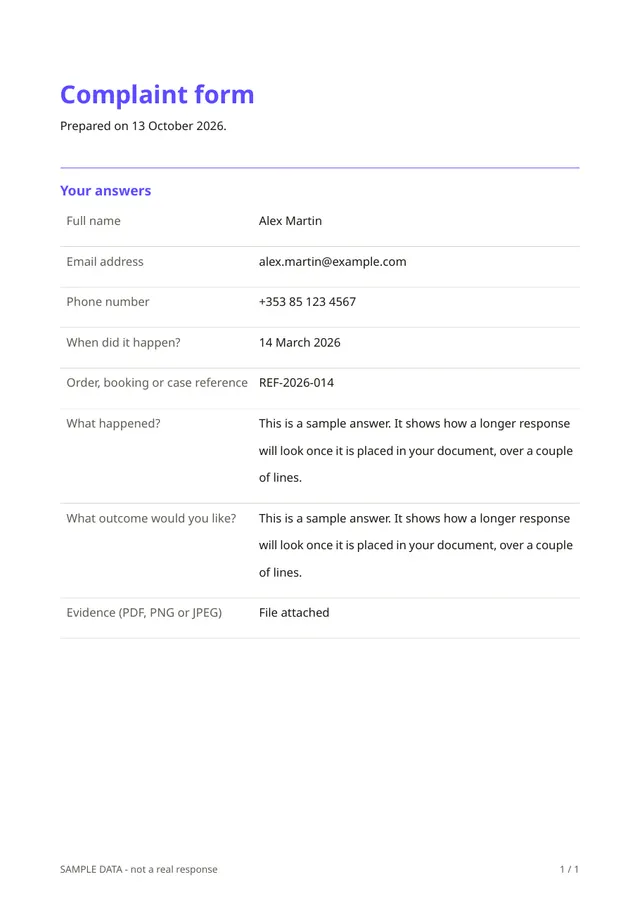 First page of the sample PDF made by the Complaint form template