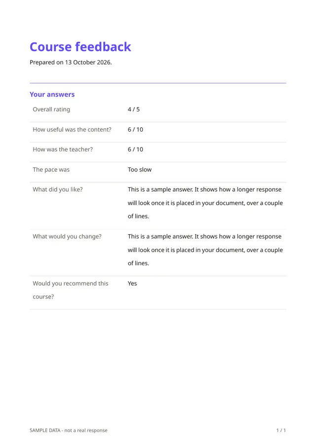 First page of the sample PDF made by the Course feedback template