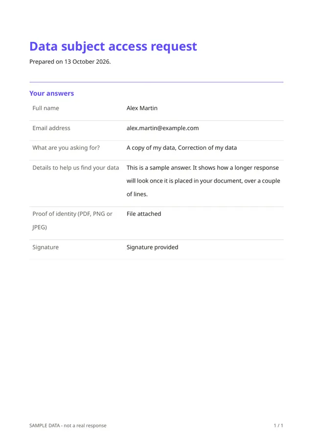 First page of the sample PDF made by the Data subject access request template