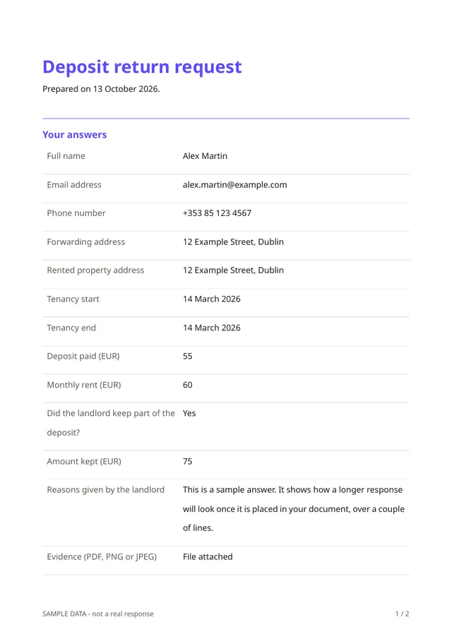 First page of the sample PDF made by the Deposit return request template