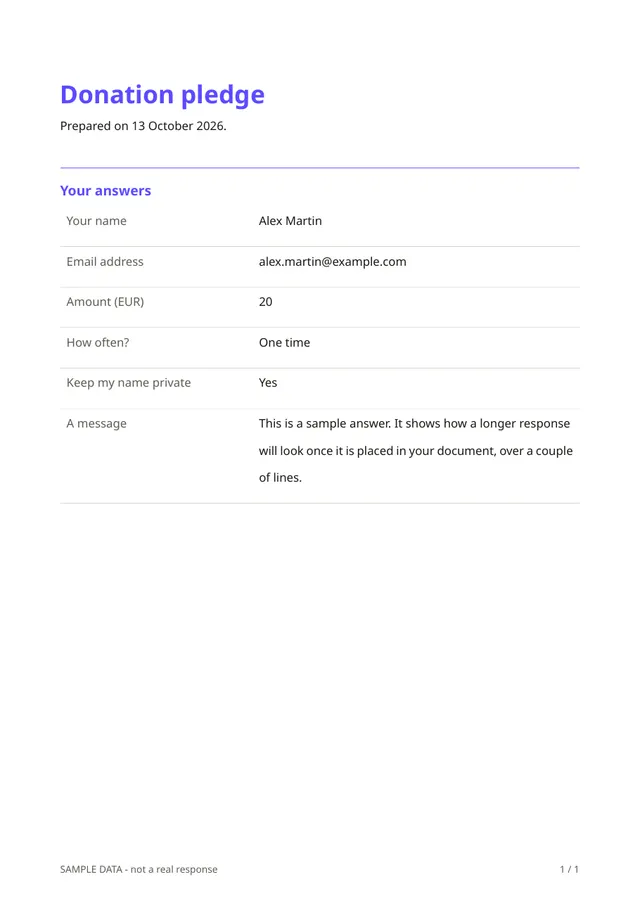 First page of the sample PDF made by the Donation pledge template