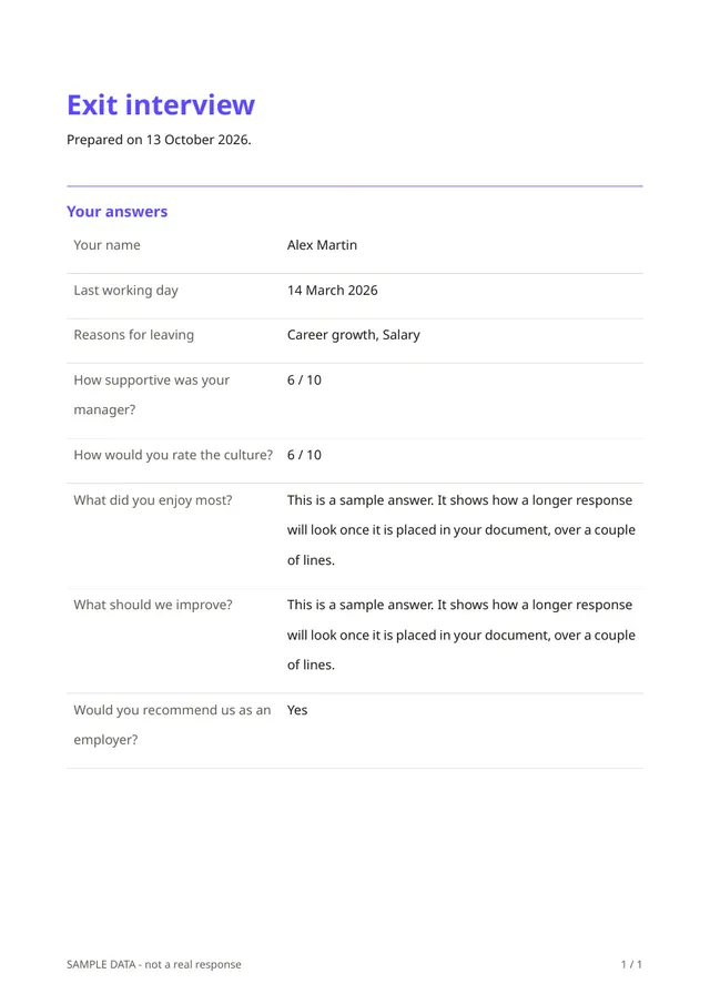 First page of the sample PDF made by the Exit interview template