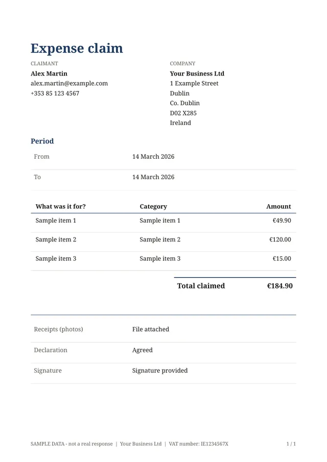 Sample PDF of the Expense claim with totals template