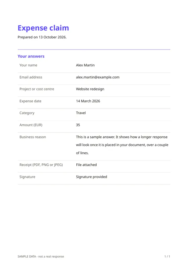 First page of the sample PDF made by the Expense claim template