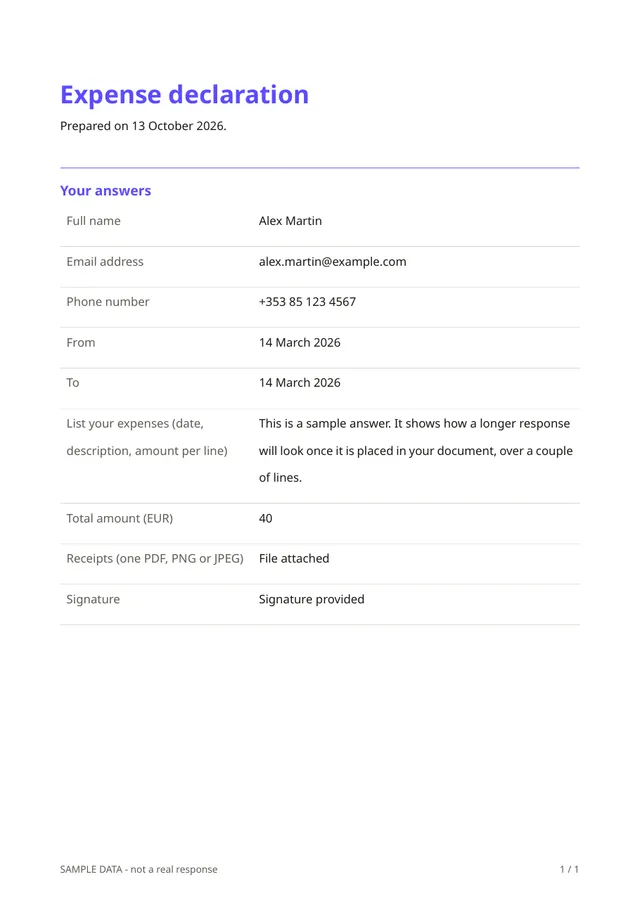 First page of the sample PDF made by the Expense declaration template
