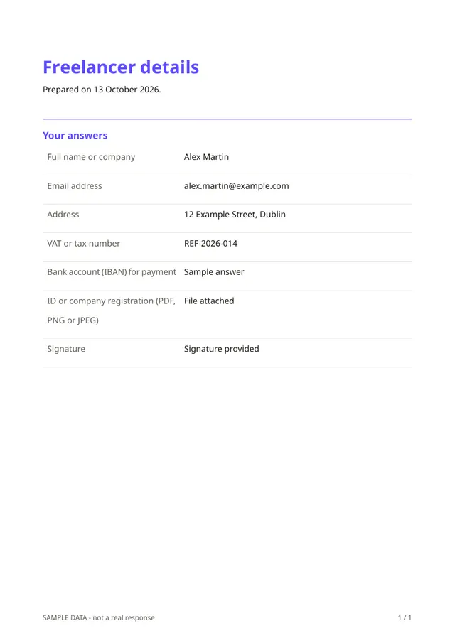 First page of the sample PDF made by the Freelancer details template