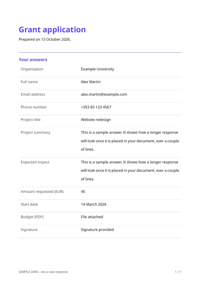 Sample PDF of the Grant application template