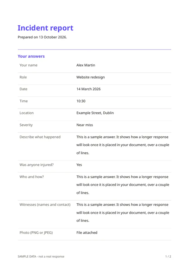 First page of the sample PDF made by the Incident report template