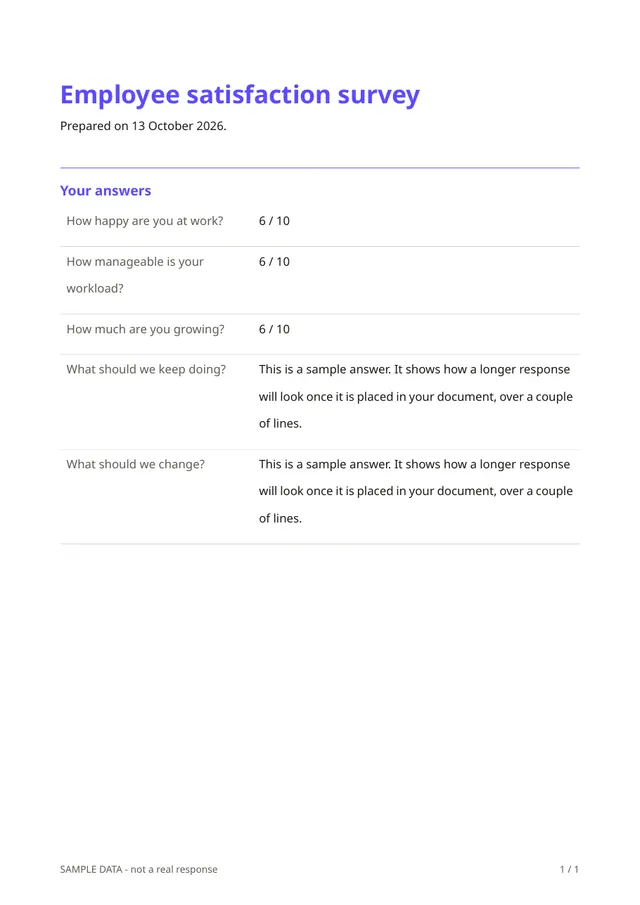 First page of the sample PDF made by the Employee satisfaction survey template