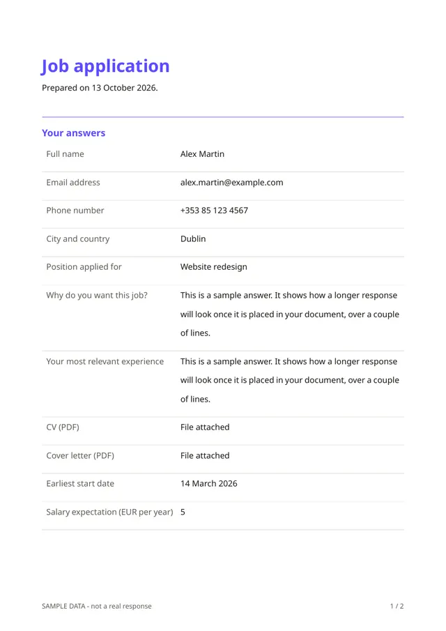 Sample PDF of the Job application template