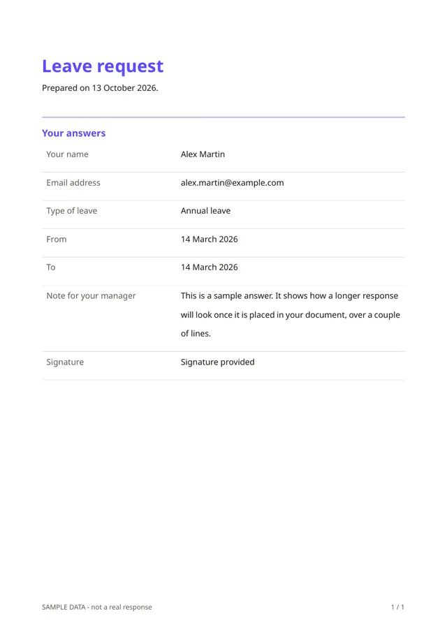 First page of the sample PDF made by the Leave request template