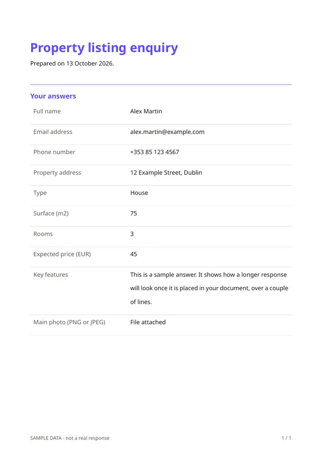 First page of the sample PDF made by the Property listing enquiry template