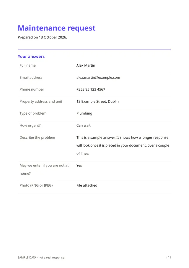 First page of the sample PDF made by the Maintenance request template