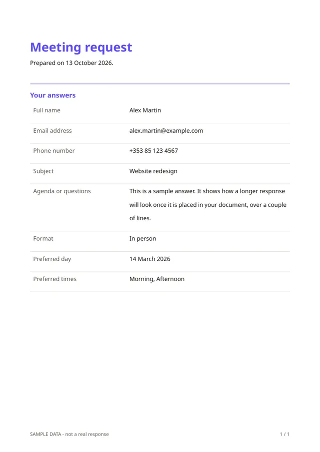 First page of the sample PDF made by the Meeting request template
