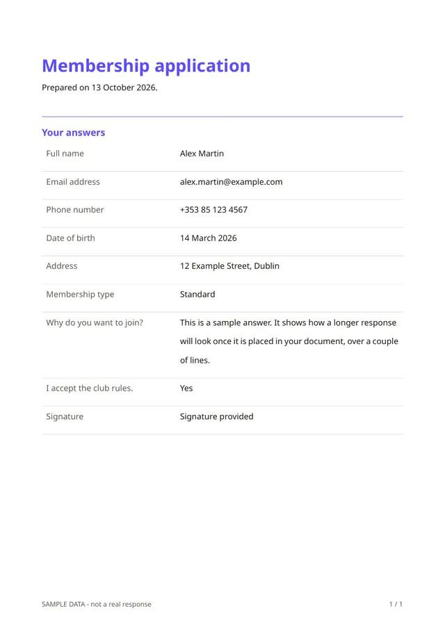 Sample PDF of the Membership application template