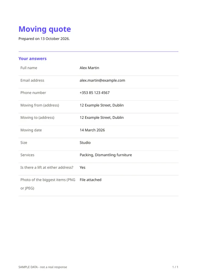 Sample PDF of the Moving quote template