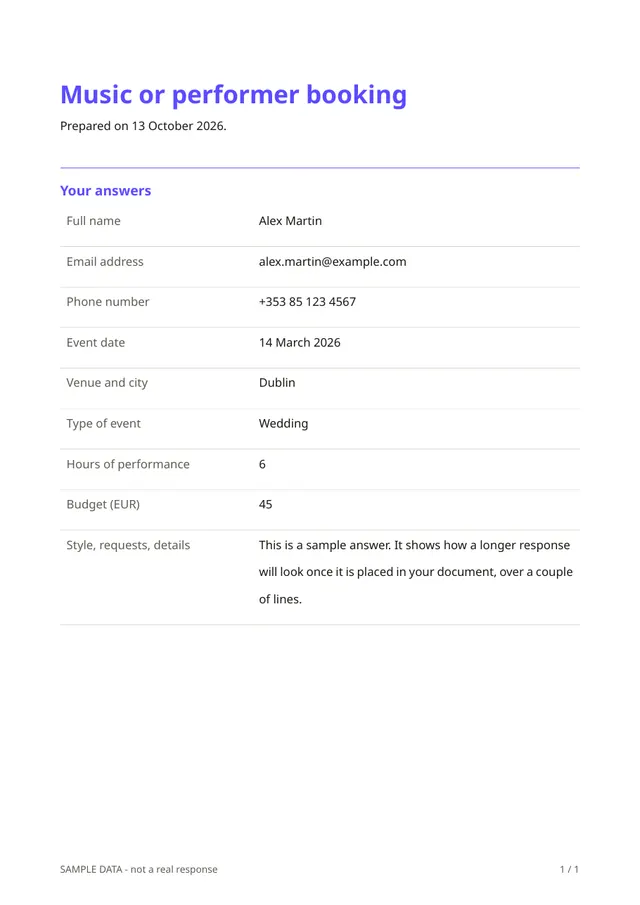 First page of the sample PDF made by the Music or performer booking template