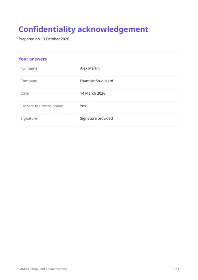 First page of the sample PDF made by the Confidentiality acknowledgement template