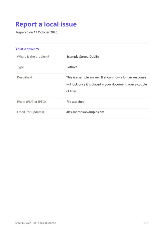 First page of the sample PDF made by the Report a local issue template