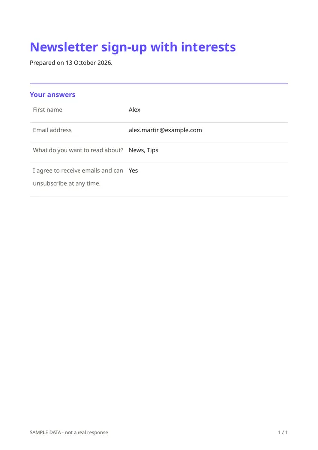 First page of the sample PDF made by the Newsletter sign-up with interests template