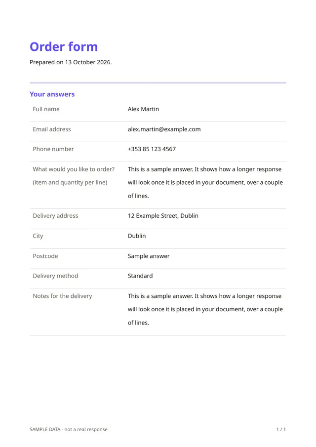 First page of the sample PDF made by the Order form template