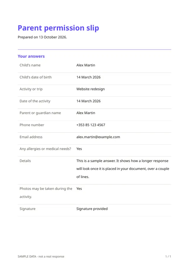First page of the sample PDF made by the Parent permission slip template