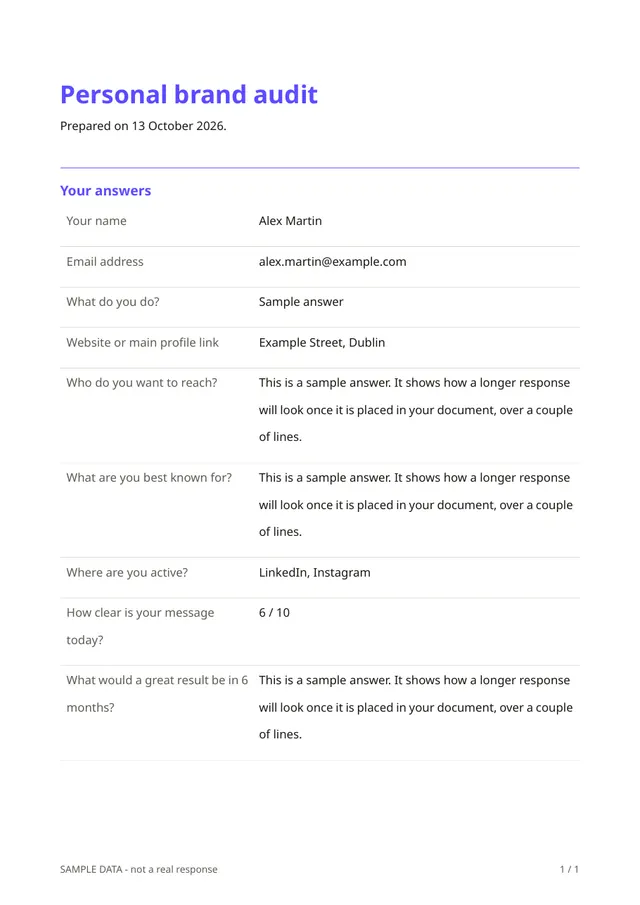 First page of the sample PDF made by the Personal brand audit template