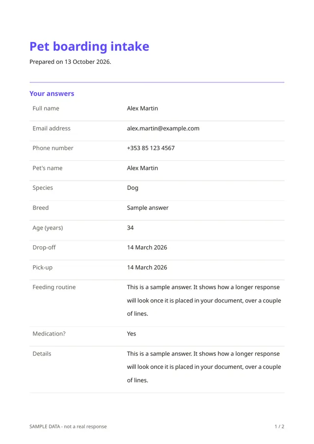 Sample PDF of the Pet boarding intake template
