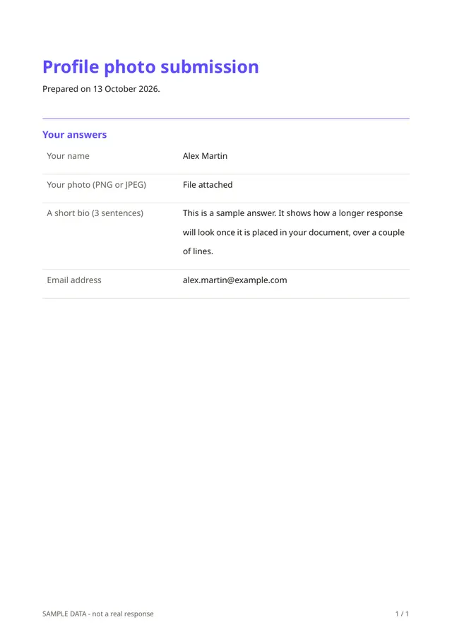 First page of the sample PDF made by the Profile photo submission template