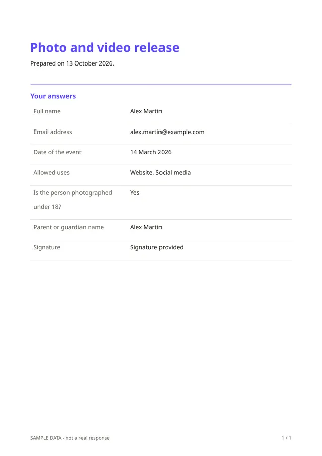 First page of the sample PDF made by the Photo and video release template