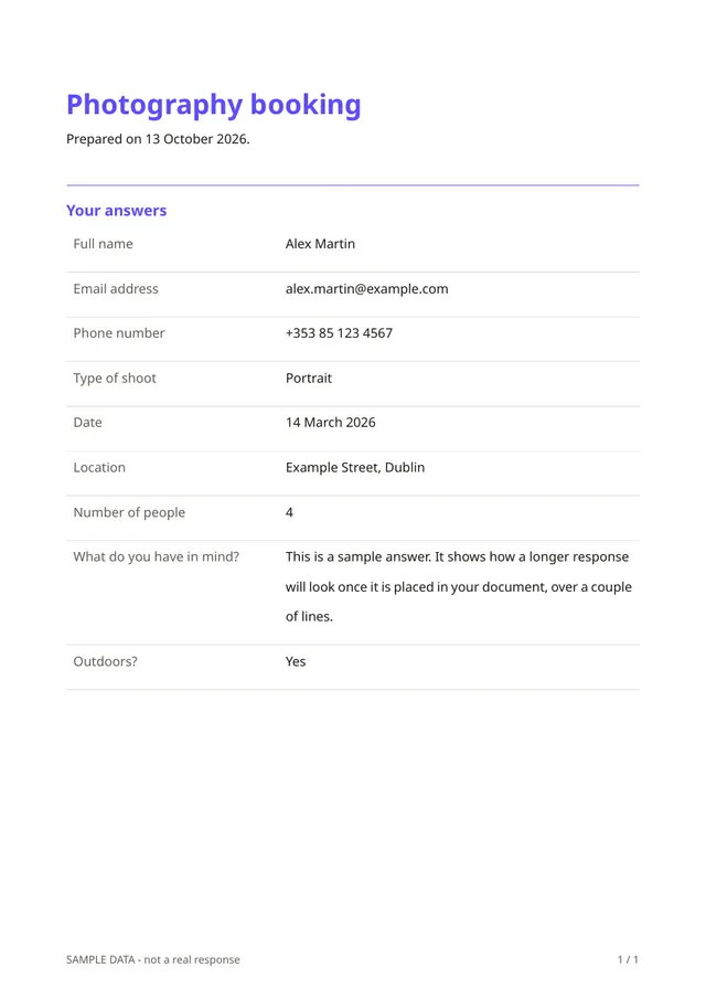 Sample PDF of the Photography booking template