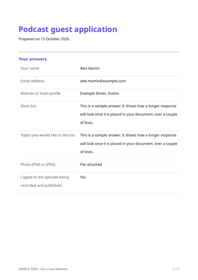 First page of the sample PDF made by the Podcast guest application template
