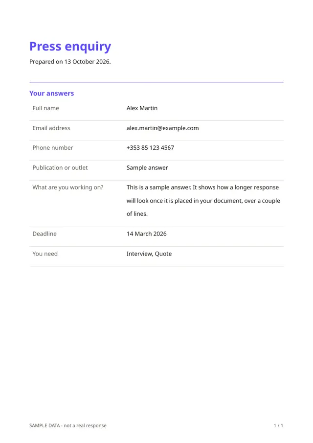 First page of the sample PDF made by the Press enquiry template