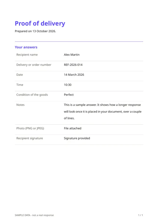 First page of the sample PDF made by the Proof of delivery template