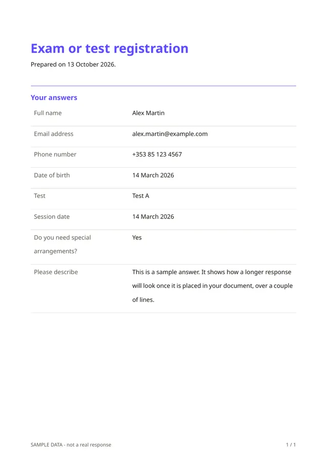 First page of the sample PDF made by the Exam or test registration template