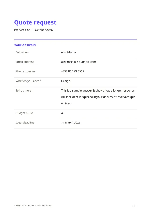 First page of the sample PDF made by the Quote request template