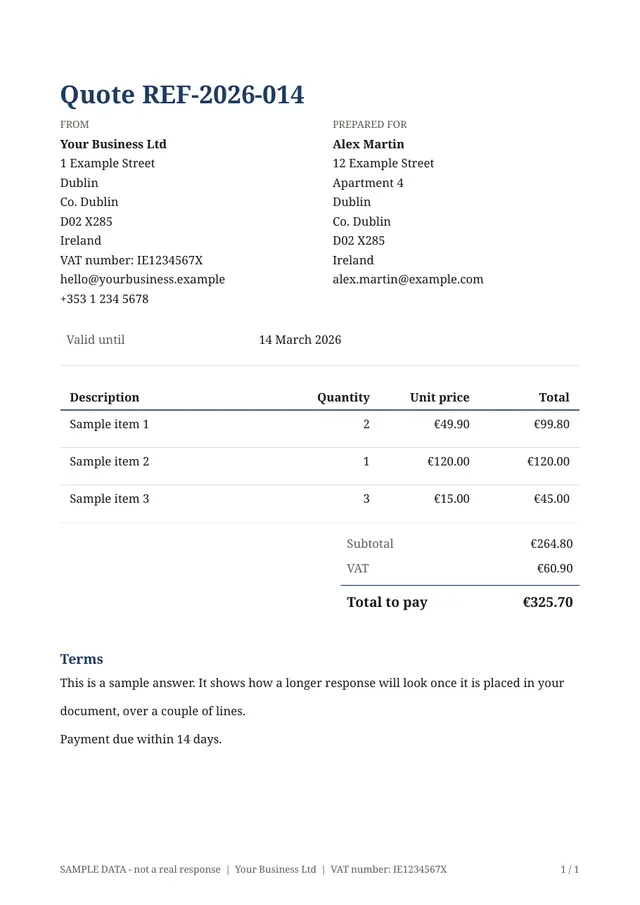 Sample PDF of the Quote with totals template