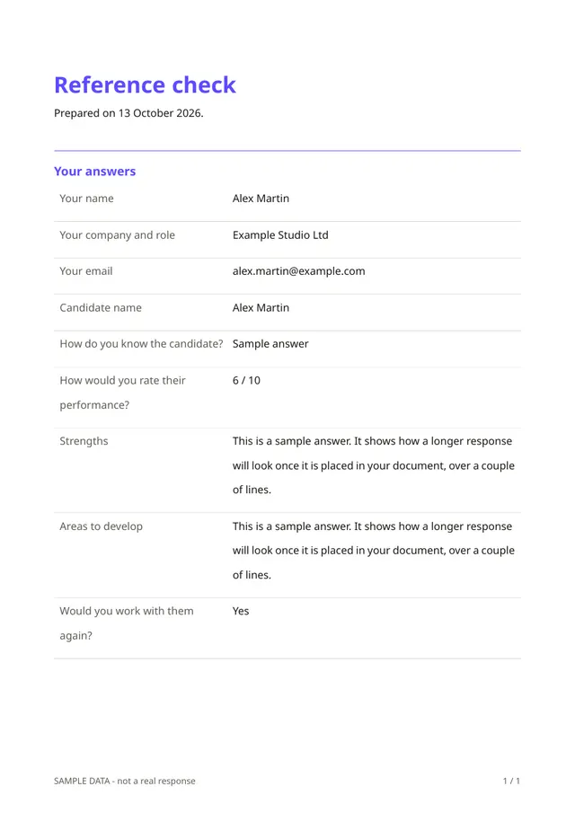 First page of the sample PDF made by the Reference check template